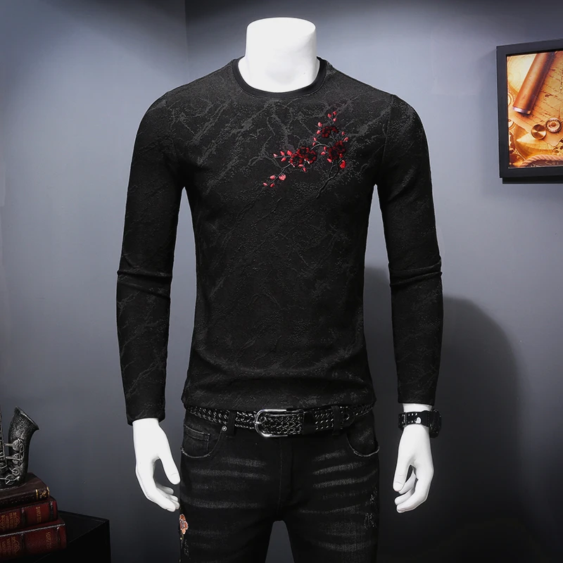 

Embroidered sequins plum pattern high-end luxury long sleeve t shrit Autumn 2018 New quality soft comfortable t shirt men M-4XL