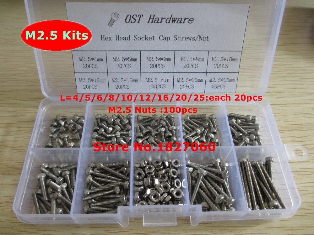 280pcs M2.5 Screw Kits Din912 Allen Bolts Hex Socket Head Cap Screw With Hex Nut Assortment Kit