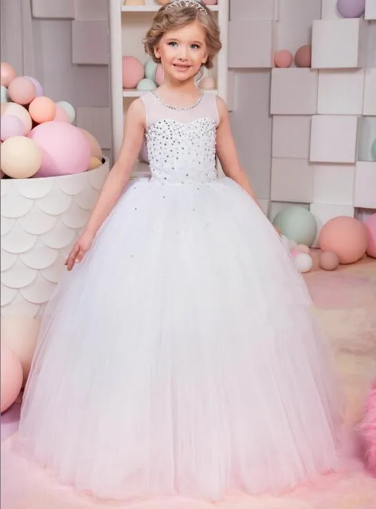 

New Ball Gown Flower Girls Dresses for Wedding White Ivory Lace Pearls Beaded Birthday Girls Princess Communion Dress