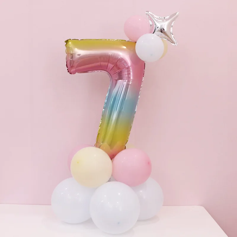 15 шт., синие, розовые, радужные воздушные шары с цифрами для детей 1, 2, 3, 4, 5, 6, 7, 8, 9 лет, праздничные украшения для дня рождения, Детские вечерние воздушные шары для мальчиков и девочек - Цвет: rainbow7