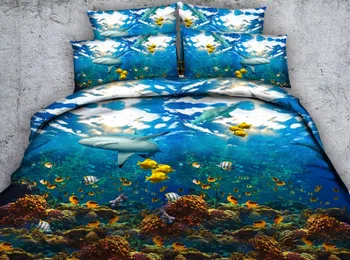 

3pcs All kinds Blue Ocean / fish / beach / Shell printed bedding cover set contains 1 blanket duvet cover 2 pillow shams queen