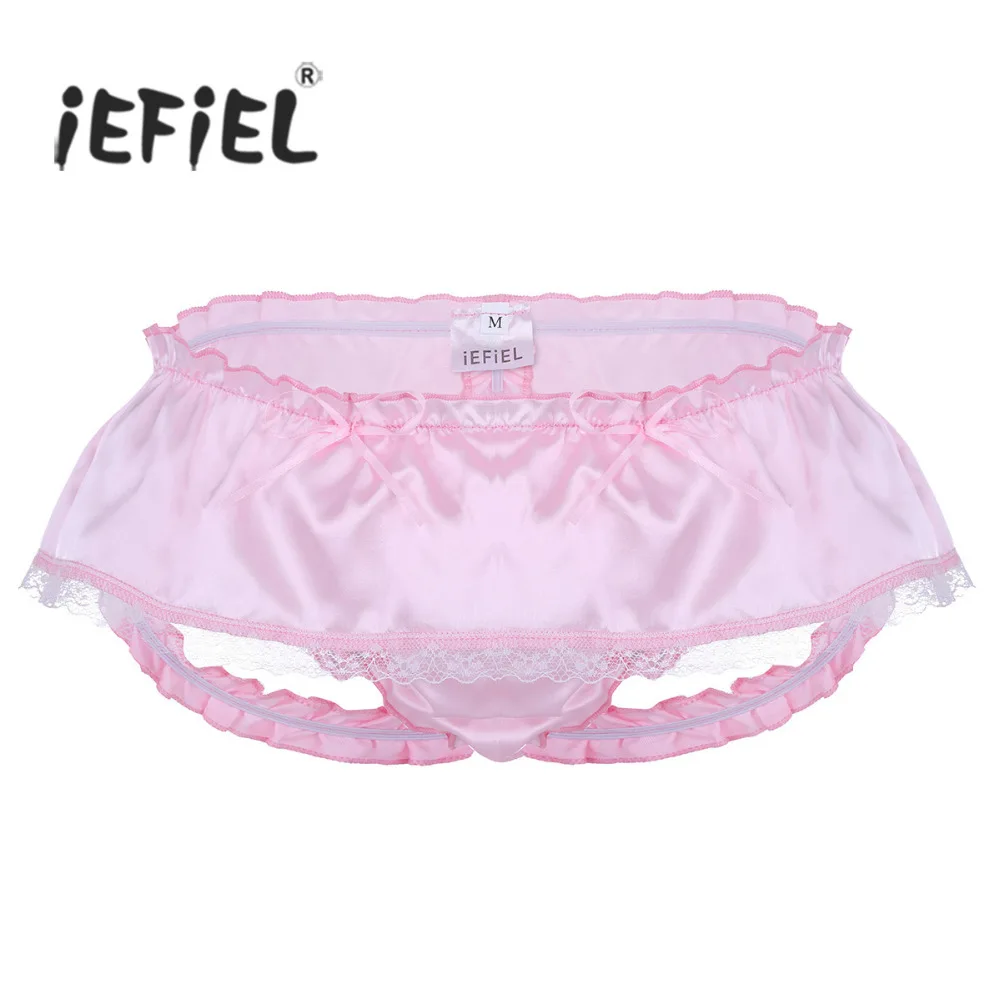 

Mens Lingerie Gay Panties Ruffled 3 Bum Straps Skirted Sissy Nightwear Open Butt T-Back Lace Bikini Briefs Bulge Pouch Underwear