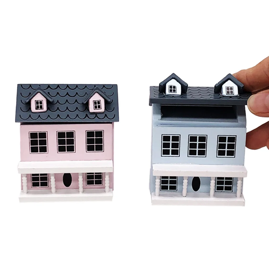

1/12 Mini Dollhouse Miniature Villa Mini House with Movable Grey Roof Toy Life Play Scene Model Doll House Accessories