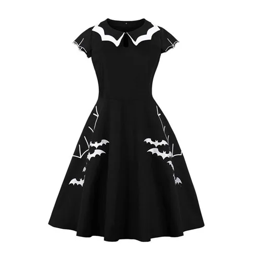 OTEN размера плюс, Ретро стиль,, женское платье с рукавом-крылышком и вышивкой летучей мыши, Ретро стиль, рокабилли, булавка, Скейтер, Свинг, черное платье для вечеринки на Хэллоуин - Цвет: Черный