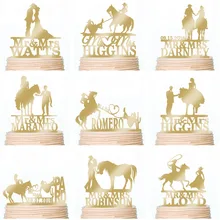 Старая мода торт Топпер Страна Свадьба ковбойская и ковбойская топперы невеста жених лошадь Персонализированные Имя Зеркало торты украшения