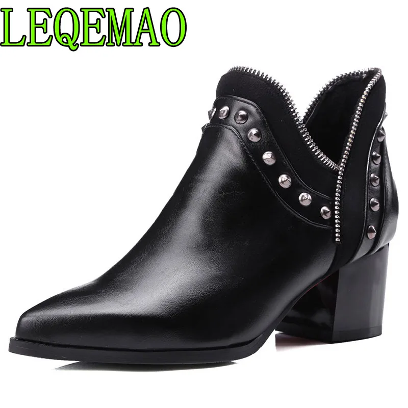 

Rivets Chelsea Boots Leather Short Ankle Boots Women Zipper Studded Martin Snow Booties Motorcycle Customized Big Size 34-43