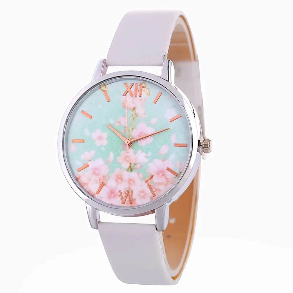 New Women Quartz Watch Sakura Cherry Blossom Pattern PU Soft Leather