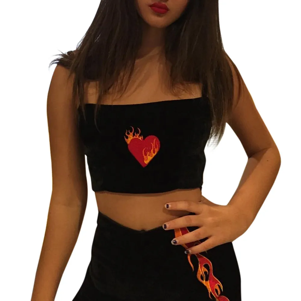 

Sexy Women Summer Vest Camisole Fashion Flame Heart Love Print Tank Tops Halter Velvet Camis Crop Top For Ladies Streetwear