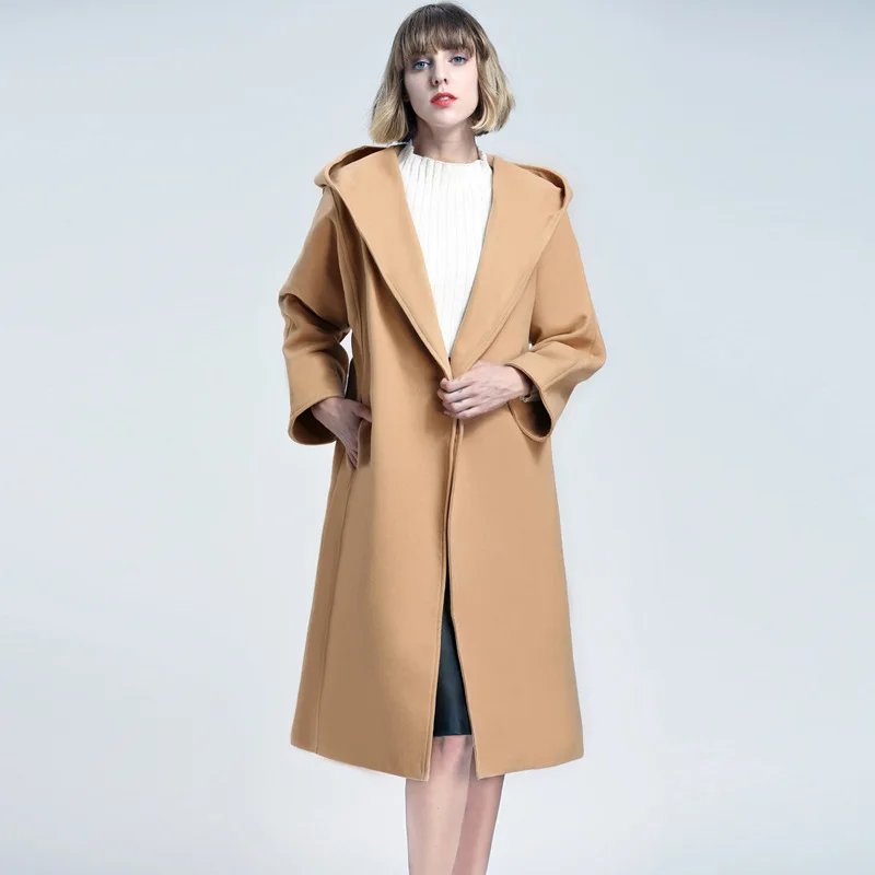 Осенне-зимнее Новое Женское шерстяное пальто с капюшоном модное Однотонное шерстяное пальто большого размера с поясом женская элегантная верхняя одежда NO904