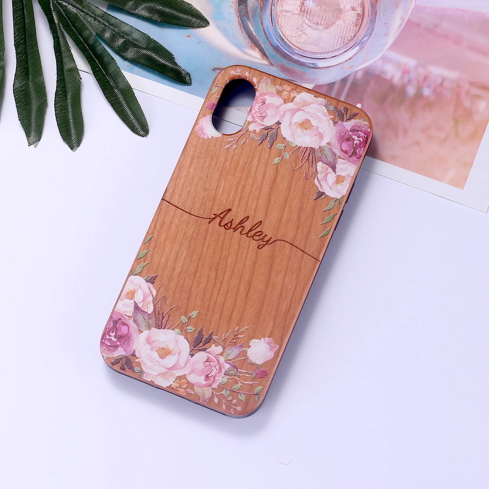 

Custom Personalised Vintage Cherry Wood Floral Flower Border your Name Mobile Phone Soft Case For iPhone XS Max XR X 7Plus 8Plus