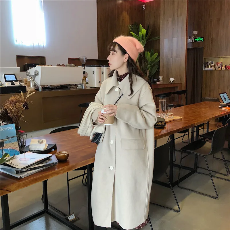 OLN 2019 New Style Solid Color Long Temperament Coat Female High Quality Thick Single-breasted Lapel Women's Woolen Coat 7195