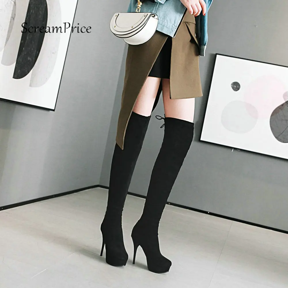 

Women Sexy Platform Over the Knee Boots Fashion Thin High Heel Thigh Boots Flock Winter Woman Shoes Plus Size 43 2018 New