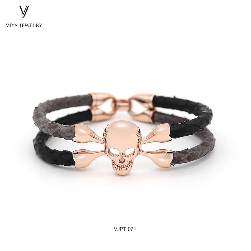 customized mixed color Python leather bracelet,two colors leather bracelet ,genuine Python skull bracelet ,luxury pytnon men bracelets (2)