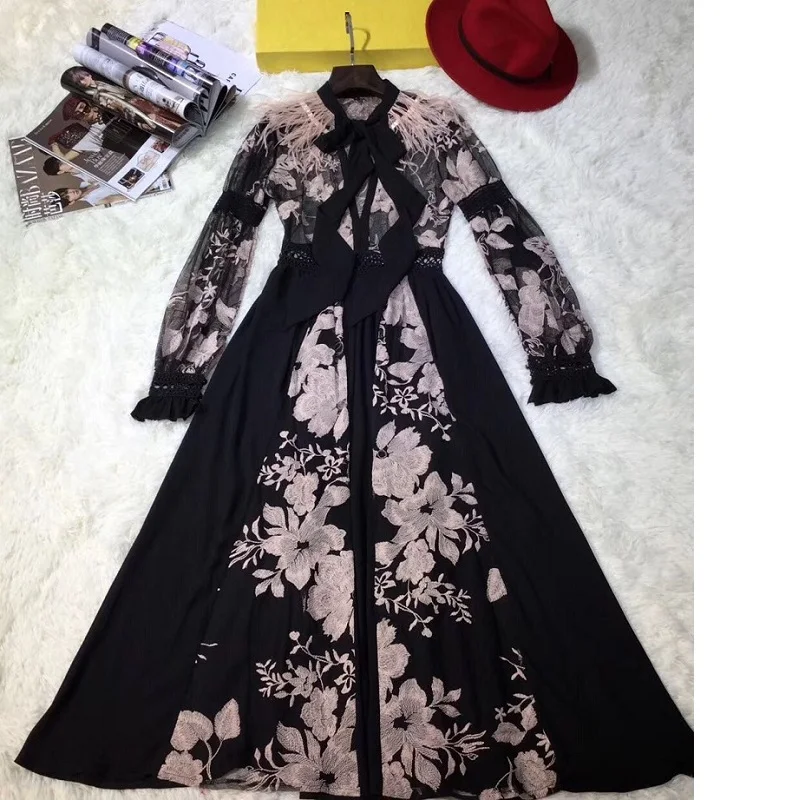 

Top Quality New 2019 Party Evening Vestidos Women Bow Collar Tassel Feather Embroidery Patchwork Long Sleeve Maxi Dress De Festa