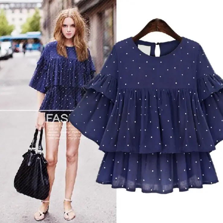 

Queechalle Butterfly sleeve big size chiffon blouse 2019 Summer female dots casual loose shirt 3XL 4XL 5XL plus size women tops