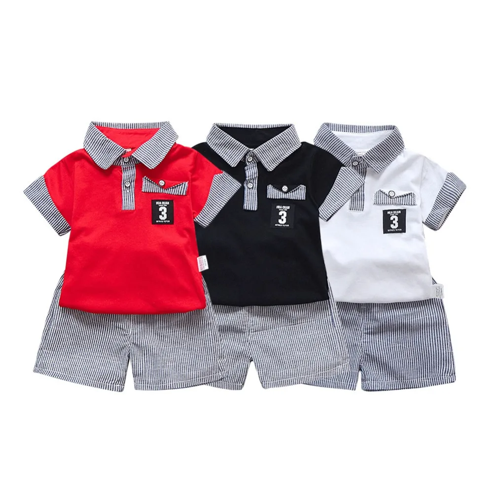 

Baby Boys 2 Pieces Clothing Set Cotton Turn Down Collar Short Sleeve Pocket T Shirt Tee + Shorts New Summer Clothing