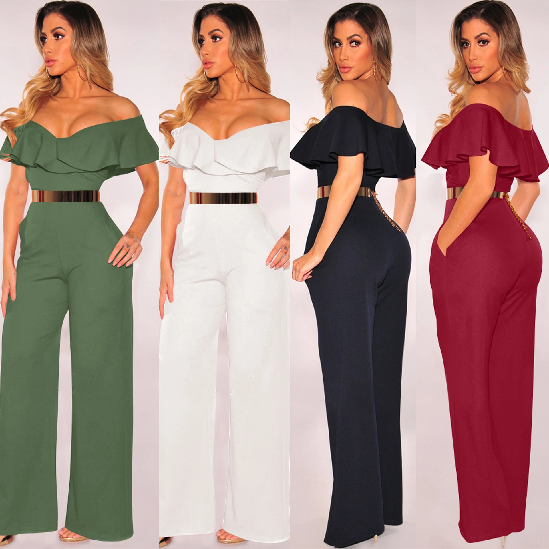 2018 monos moda Mujer Sweetheart Off Shoulder manga corta monos delgados rectos pantalones largos de pierna ancha Mujer|Overoles y mamelucos| - AliExpress