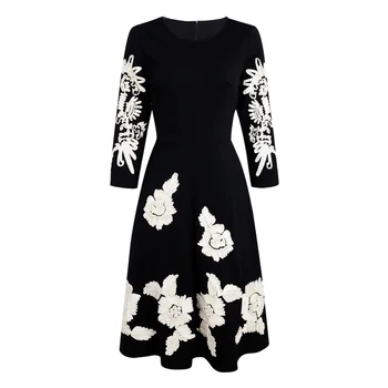 

Hot Sale Women Flower Appliques Dress Elegant O-Neck Long Sleeve A-Line Dresses K1014