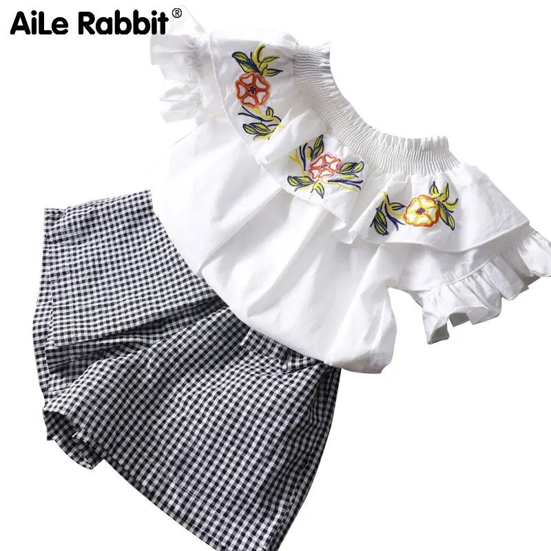 AiLe Rabbit/костюмы в западном стиле для девочек Новинка лета года, костюм с брюками в клетку han XT282, куртка со светодиодной вышивкой 1b