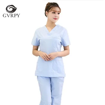 

Hospital Nurse Uniform Short Sleeve Scurbs Medical Uniforms Women Beauty Salon Workwear V-neck Medical Scrub Sets Tops + Pant