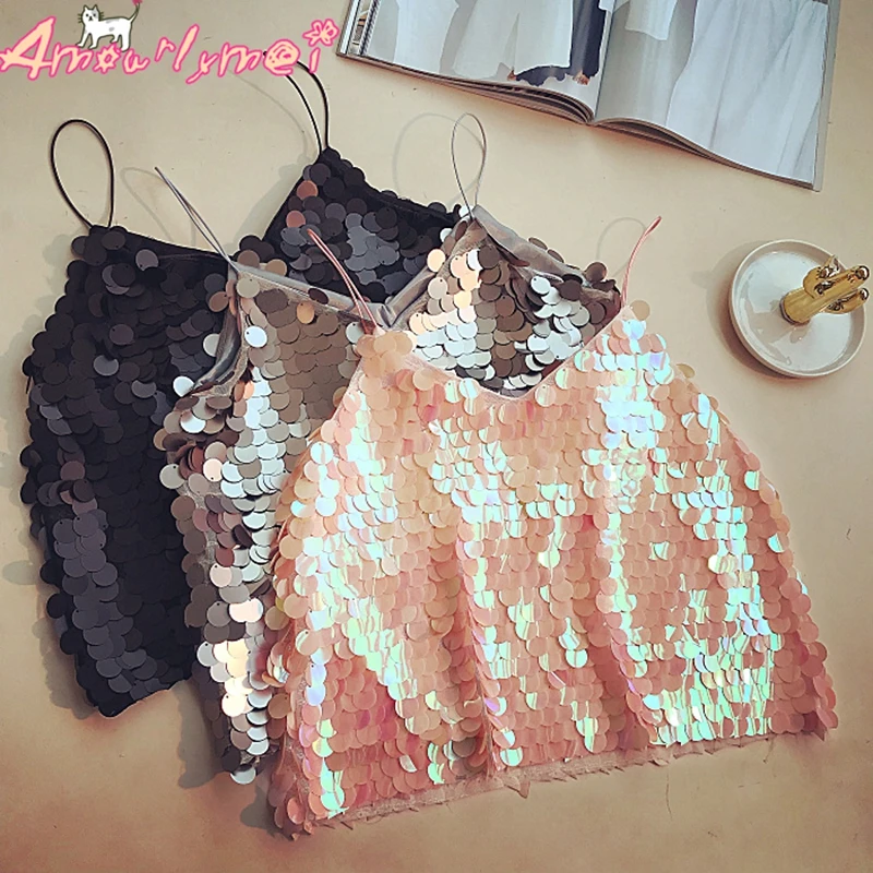 

Sequin Cami Sexy Crop Top Summer Women Tanks Top Slim Backless Camisole Cropped Tops