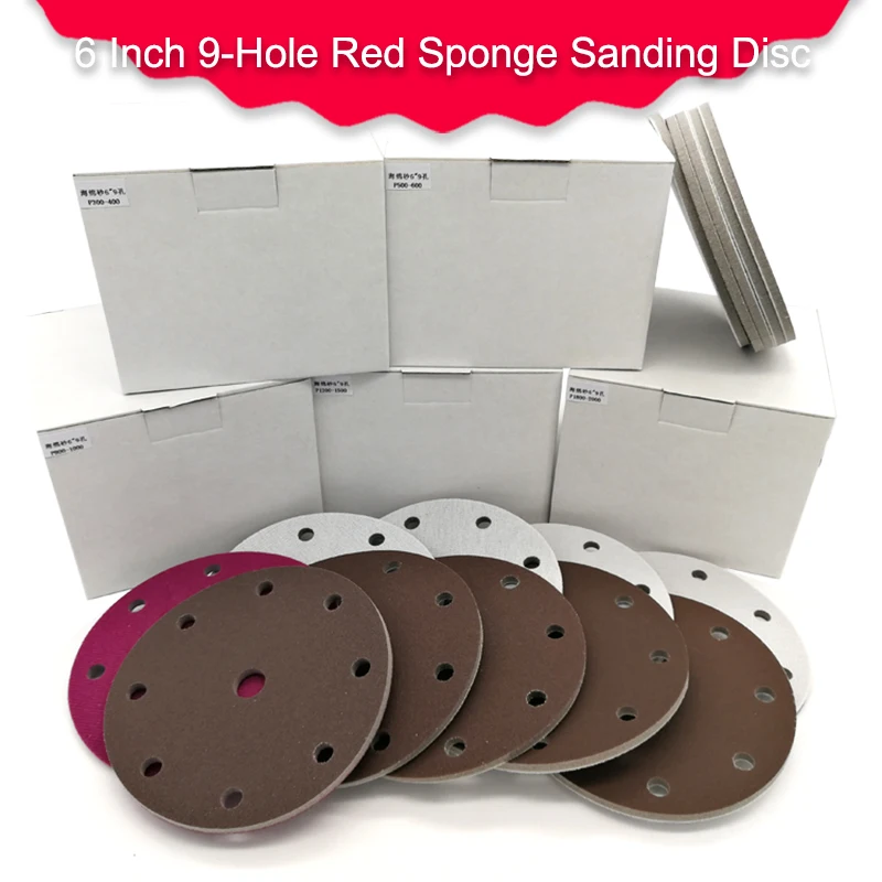5Pcs Flocking Sponge Sanding Disc Red Sandpaper 6 Inch 9 Hole 300 2000