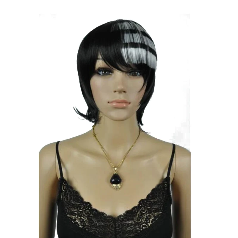 

StrongBeauty Women's Wigs Cosplay Short Choppy Layers Black and White Mixed Color Hair Heat Resistant Fiber Full Synthetic Wig