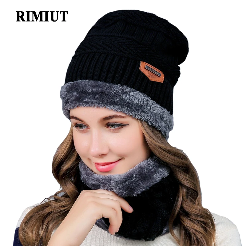 Для женщин Средства ухода за кожей шеи Теплый Хлопок вязаная из искусственного бархата шапочка Кепки шарф комплект защиты от ветра Женская зимняя обувь Лыжный Спорт Шапки Skullies В Капот