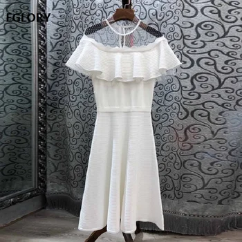 

2019 Summer Autumn Fashion Knitted Dress High Quality Women Sexy Sheer Mesh Ruffle Patchwork Casual White Black Sweater Dress