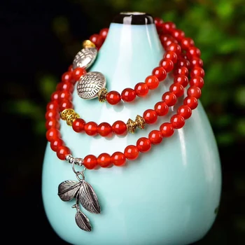 

Red Crystal Bracelets 6mm Beads Fish leaf Pendant Lucky for Women Crystal Bracelet Multilayer Jewelry JoursNeige