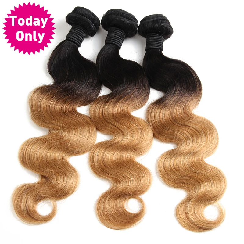 [TODAY ONLY] Blonde Brazilian Body Wave Bundles Ombre Human Hair Weave Bundles Two Tone 1b 27 Non Remy Hair Can Buy 3 or 4 Pcs body-wave