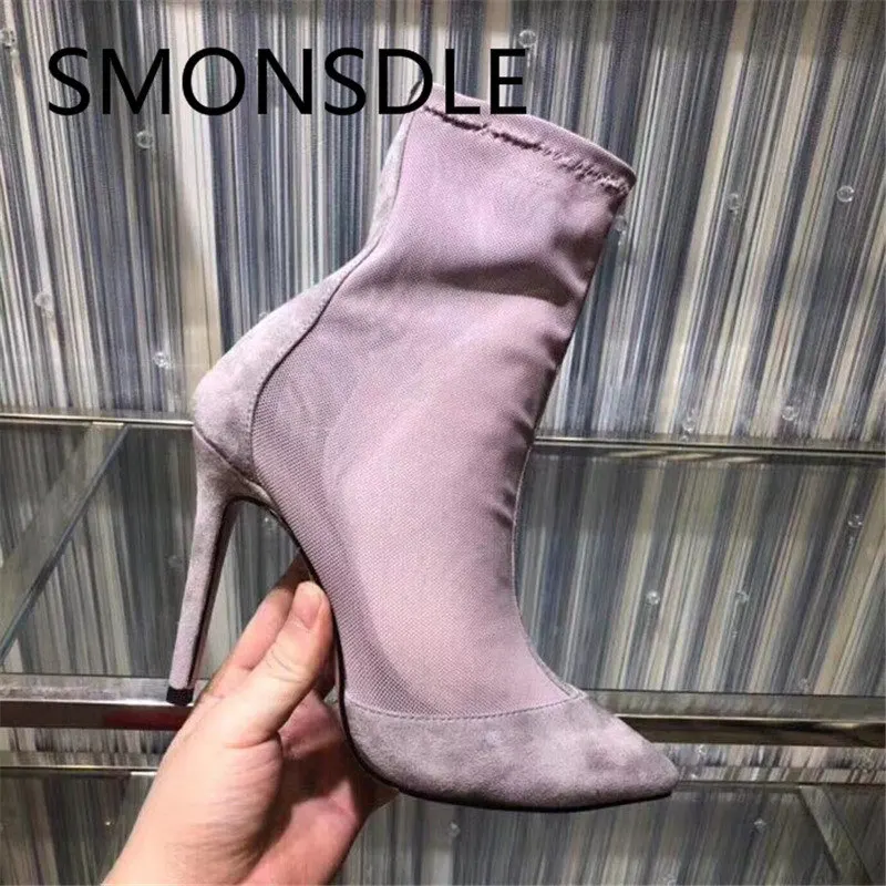 

SMONSDLE Fashion Design Women Ankle Boots Pointed Toe Kid Suede Air Mesh Women Spring Summer Boots Thin High Heel Shoes Woman