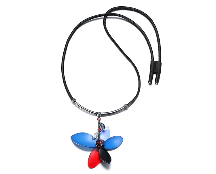 Acrylic flower pendant leather cord necklace eManco spring new arrival women crystal zinc alloy necklace fashion jewelry