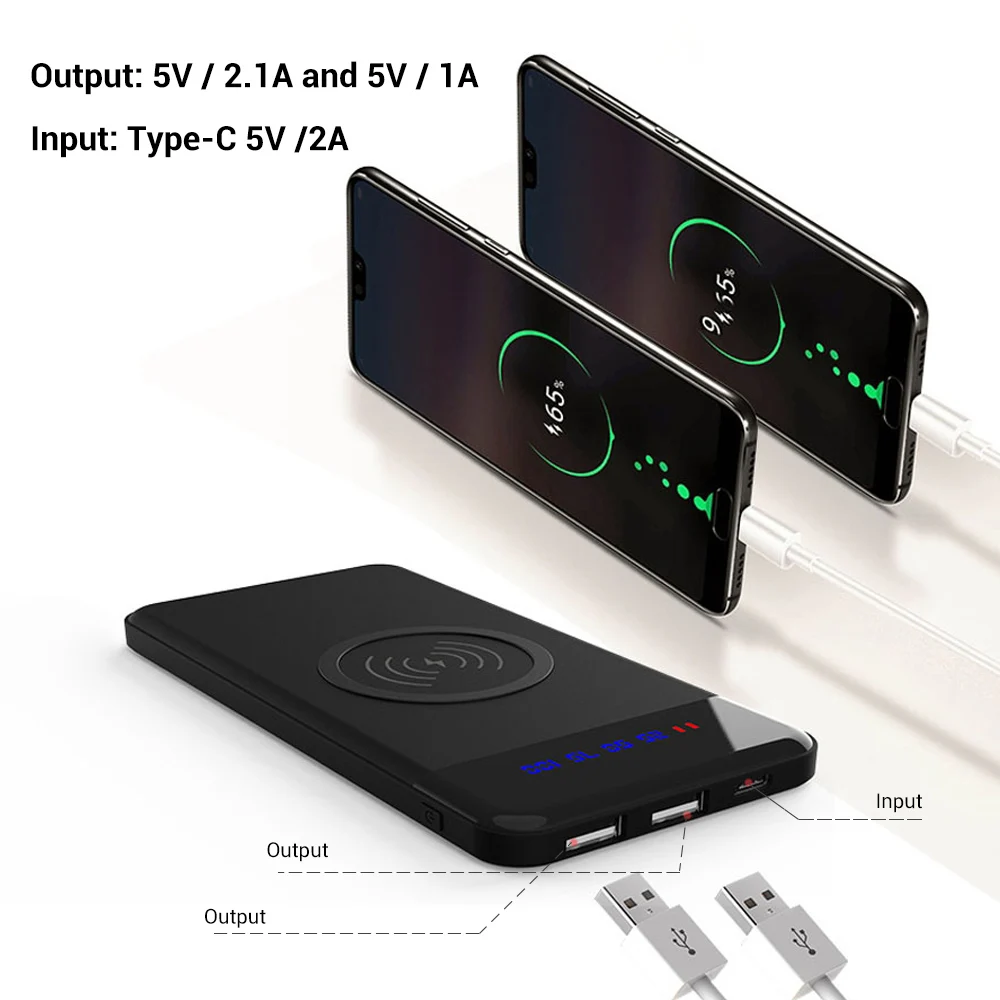  QI Wireless Charger Power Bank 1000mah + Digital Display 5V 2A 5W type C quick charger wireless Pow