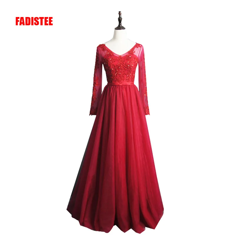 FADISTEE Новое поступление элегантное вечернее платье вечерние платья Vestido de Festa с аппликацией вечернее платье с вышивкой бисером полный рукав v-образный вырез сзади