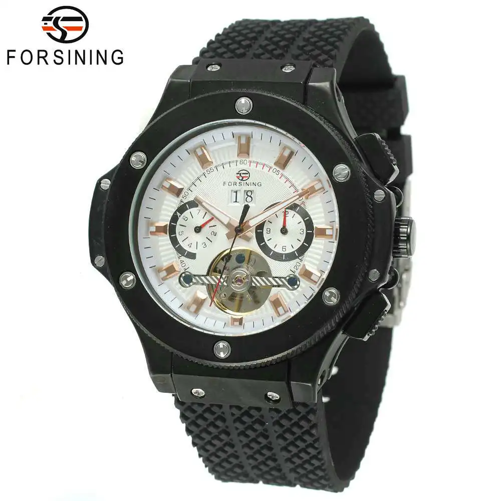 

FORSINING Fashion Cool Black Men Tourbillon Mechanical Watch Solid Strap Sub-dial Calendar Date Casual Sports Style Wristwatch