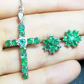 

Emerald jewelry set Free shipping Natural real emerald 925 sterling silver 1pc ring 1pc pendant 0.15ct*26pcs gemstone #X18101305