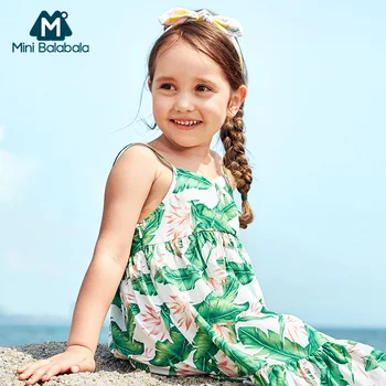 

MiniBalabala Girl Sleevelss V-Neck Flared Dress Tropical Print Children Kid Girl Beach Dresses Sundress Outfits Summer