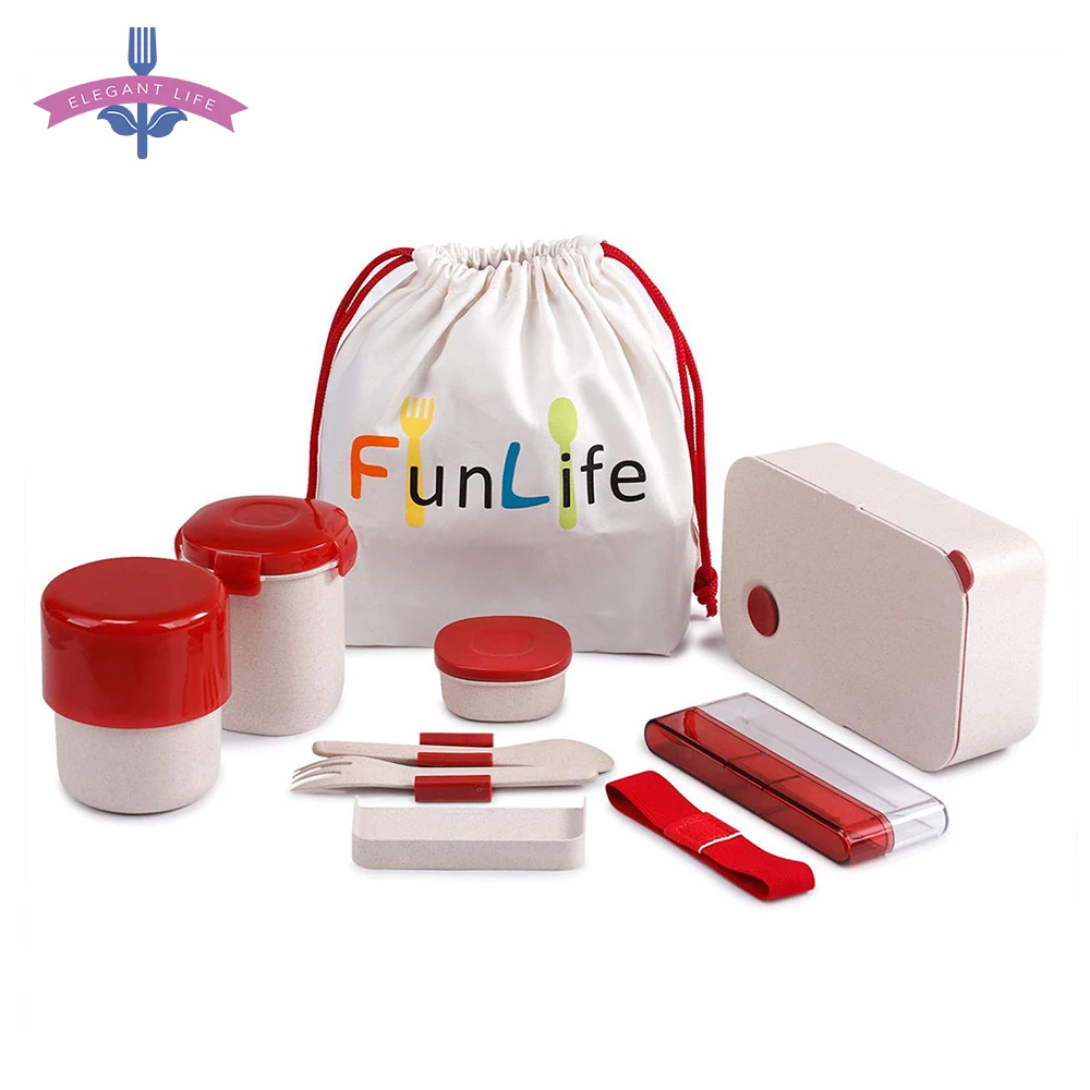 

6 PCS Bento Lunch Box Set Food Storage Container Wheat Straw Leakproof Portable Microwavable With Bag Spoon Fork Set BPA-Free