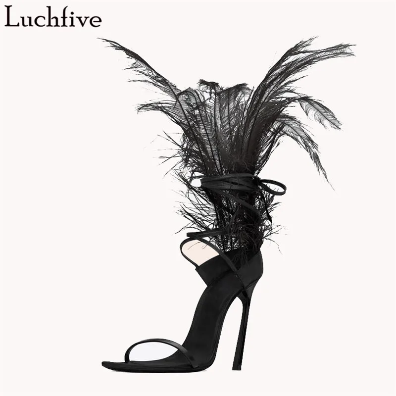 

Luchfive Black Feather Thin High Heel Sandals For Women Ostrich Decor T-Show Party Ankle Strap Sheepskin Insole Shoes Women 2019