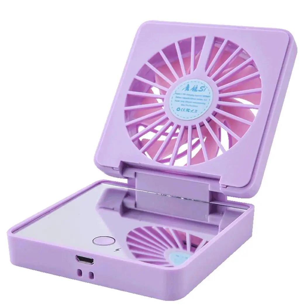 

Handheld Mini Fan With Makeup Mirror Desktop Portable With Holder Square Two Wind Speed Fan For Home Office Travel Pink