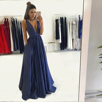

AED082 Sexy Deep V Neck Sleeveless A Line Evening Dresses Long Floor Length Formal Prom Evening Party Dress Navy Blue