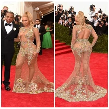 2019 Sexy Lange Mouwen Mermaid Celebrity Jurken Kleurrijke Crystal Kralen Prom Dress Red Carpet Jurken Beyonce Jay Met Gala