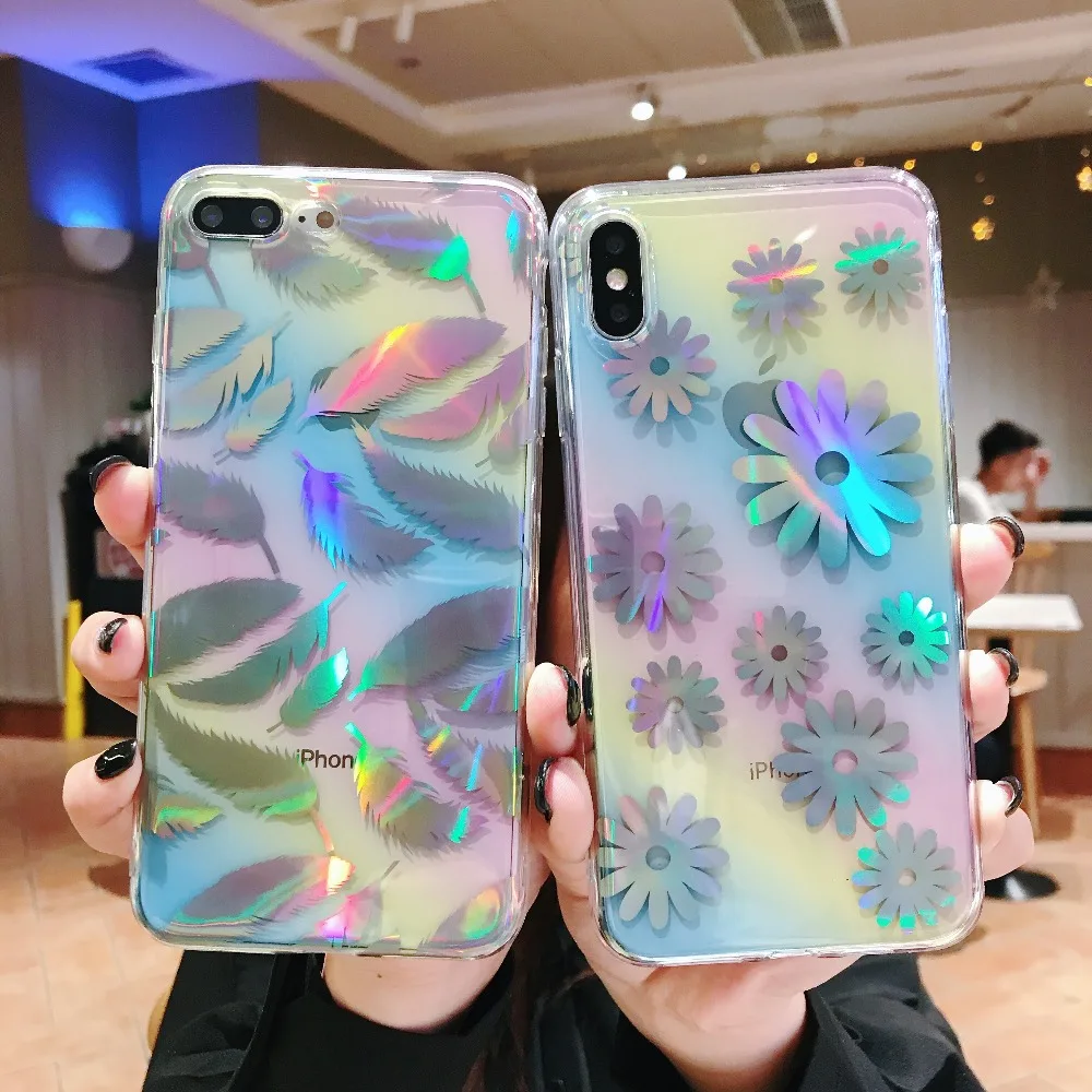 

Gradient Rainbow Laser Case For iPhone 7 6 s 8 Plus XS Max XR Xs Soft Silicone Phone Case Feather Chrysanthemum Back Cover Shell