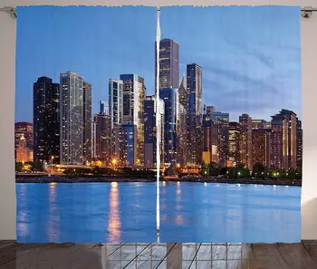 

Chicago Skyline Curtains Sunset in Big City with Dramatic Sky Skyscrapers Evening by Lake Living Room Bedroom Window Drapes