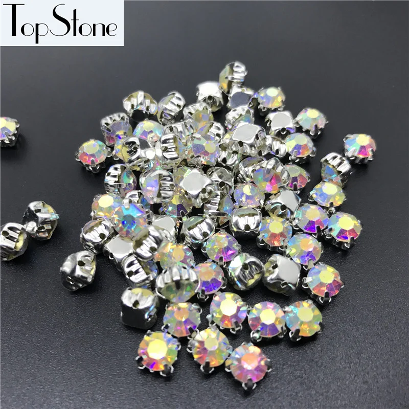 

Topstone Crystal Clear AB Color 3/4/5/6/7/8/10mm Round Sew on Crystal Rhinestone Glass Chatons With Silver Claw Setting