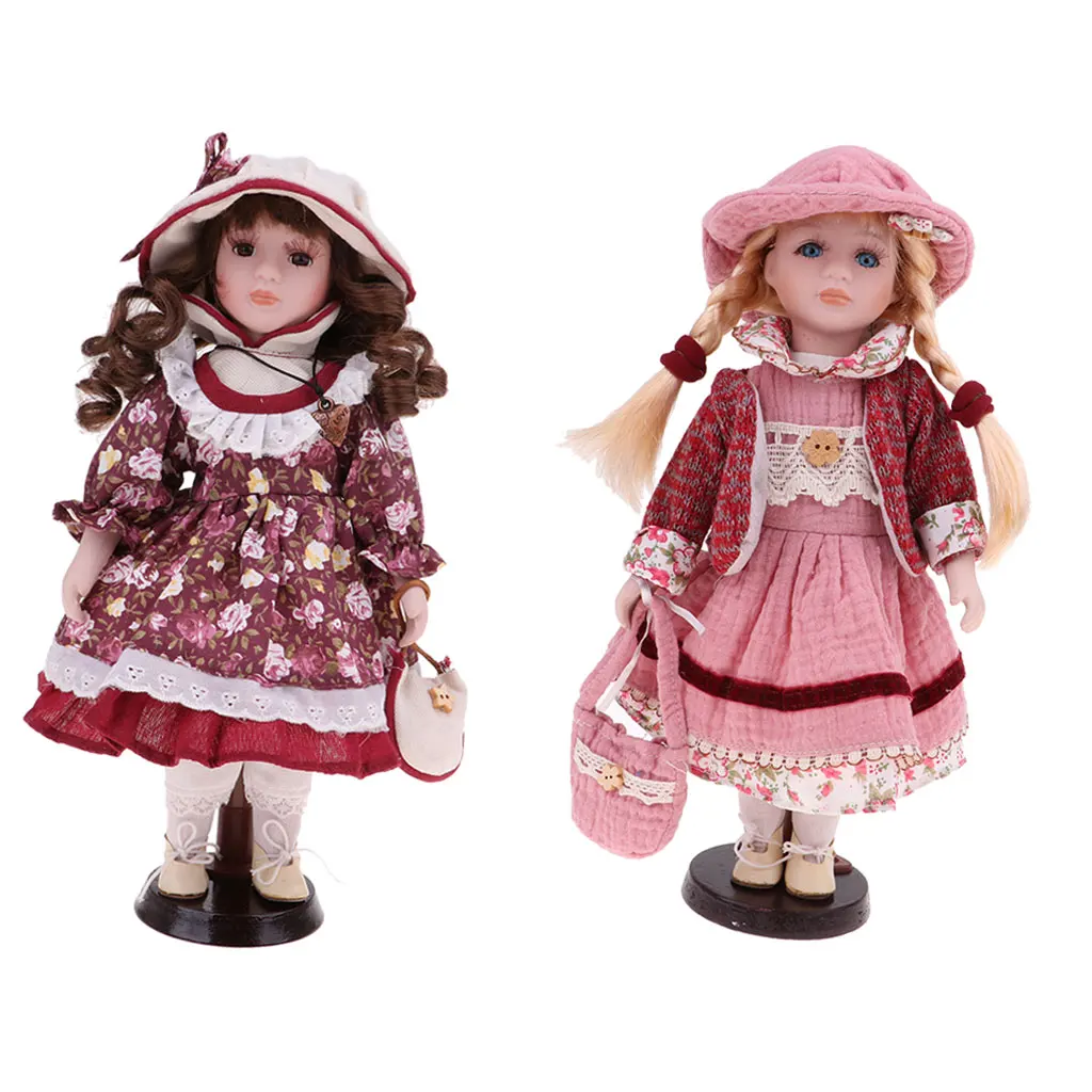 2Pcs 30cm Victorian Porcelain Doll with Dress Set & Wooden Stand Home Display Decoration