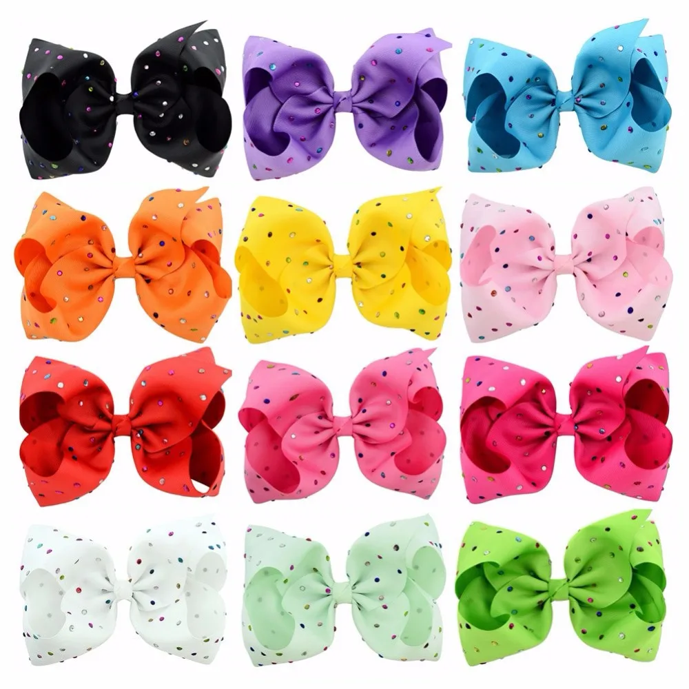 

12Color 8 Inch New Children Wave Dots Colorful Rhinestone Large Ribbon Bows With Clip Boutique Bows DIY Hair Accessorises 818