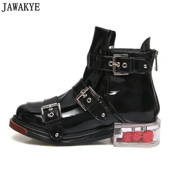 

Real leather Punk shoes women buckled strap Ankle Boots for women clearTransparent rose flowers low heel martin short boots