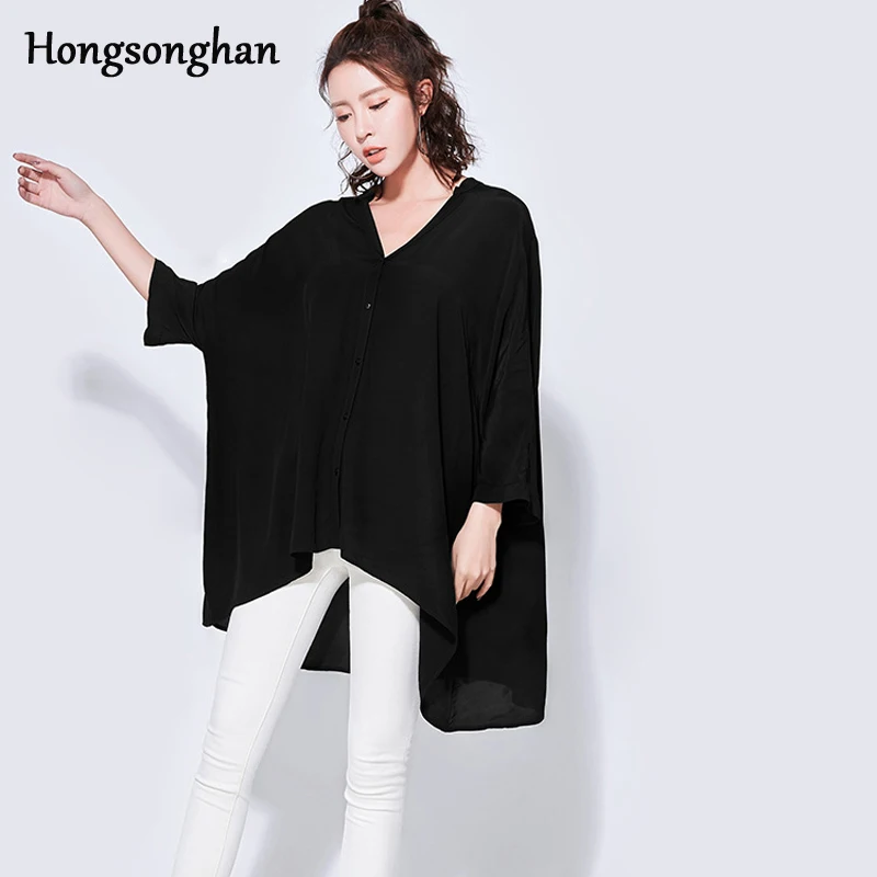 Hongsonghan Simple black color three quarter batwing sleeve tops 2018 Summer V-collar shirts loose big size irregular blouse |